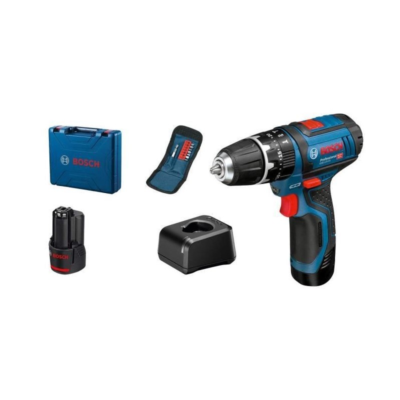 Perceuse-visseuse a percussion Bosch professional GSB 12V-15 + 10accessoires (+2batteries 2,0Ah)