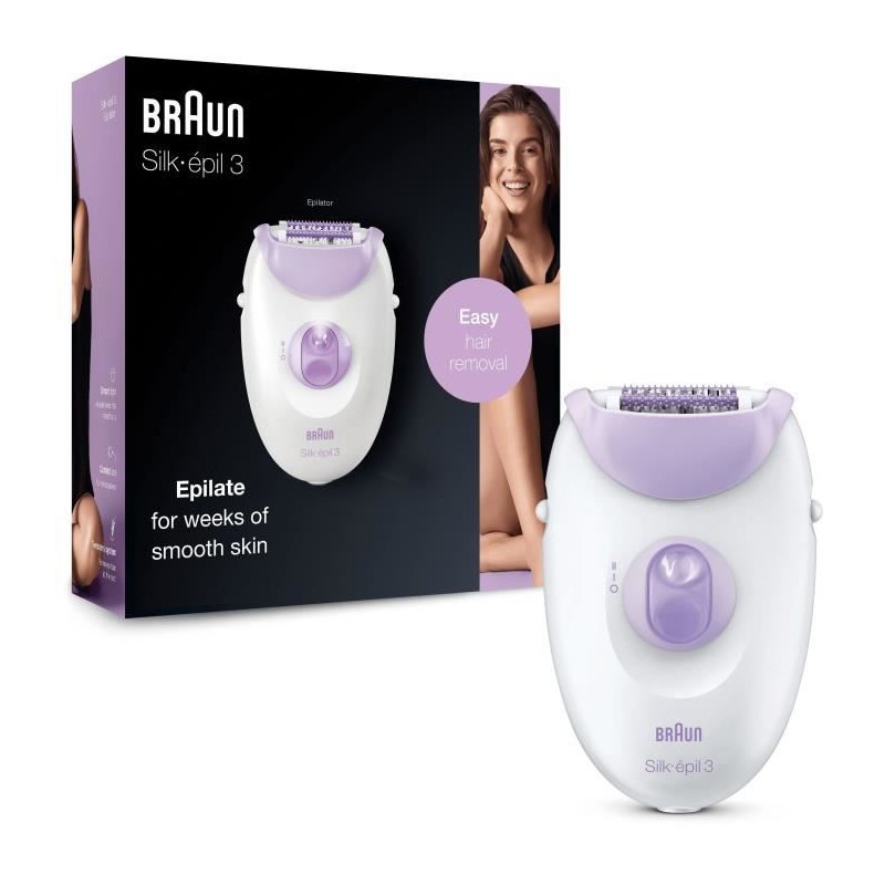 Braun Silk-épil 3 Épilateur Électrique Femme, Blanc/Violet, Retire en douceur les poils, Résultat durent longtemps, SE3-3170