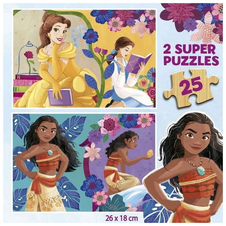 DISNEY PRINCESS (BELLA + VAIANA) - 2 puzzles en bois