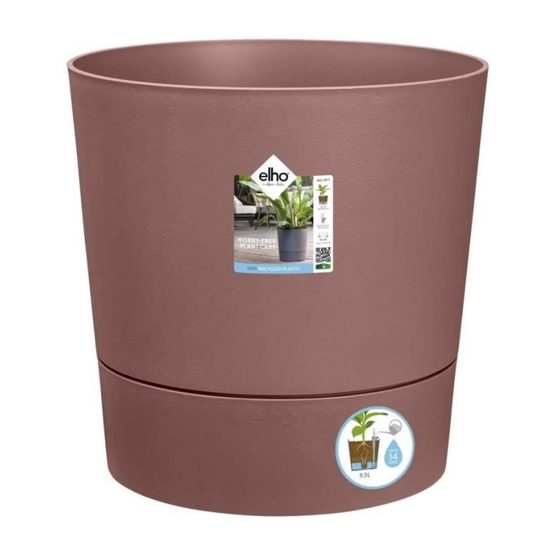 Pot De Fleurs Rond GREENSENSE AQUA CARE - Plastique Réservoir - Avec roulettes - Ø30 - Brun Argile