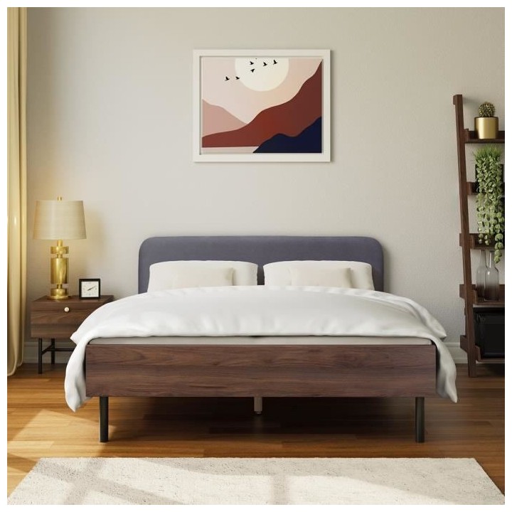 LODGE Lit adulte 140 x 190 cm - Décor NoyerSommier inclus