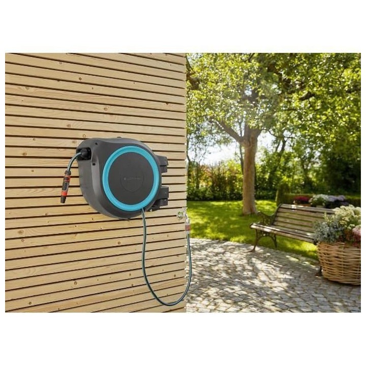 GARDENA Dévidoir automatique mural RollUp XL liseret bleu – Longueu