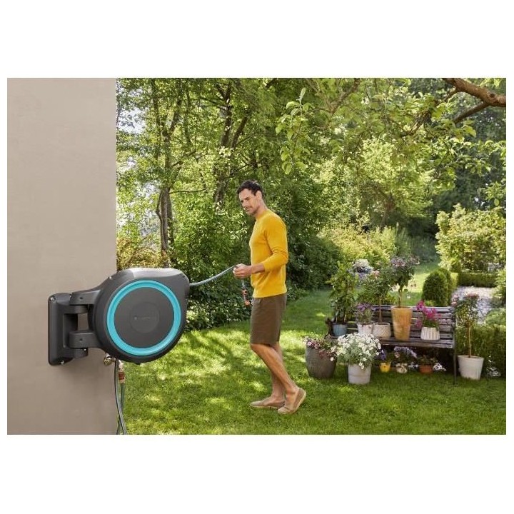 GARDENA Dévidoir automatique mural RollUp XL liseret bleu – Longueu