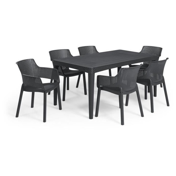 Table de jardin - rectangulaire - gris graphite - en résine - 6 perso