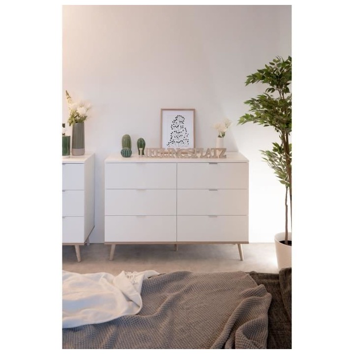 Commode Göteborg 6 tiroirs - Décor chene sonoma Blanc - L 120 x P 40