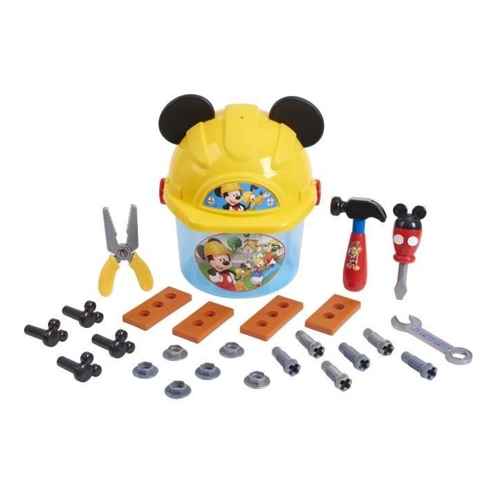 Mickey, Seau a outils avec casque de chantier, 25 pieces, Jouet pour e