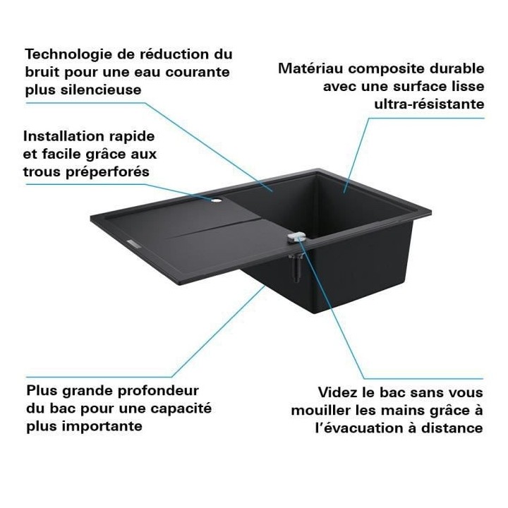 GROHE Evier composite avec égouttoir K400 780 x 500 mm Noir Granite 3