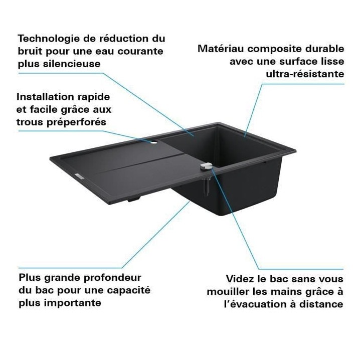 GROHE Evier composite avec égouttoir K400 860 x 500 mm Noir Granite 3