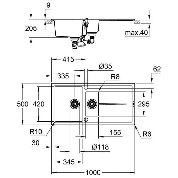 GROHE Evier composite avec égouttoir K400 1000 x 500 mm Gris granite
