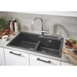 GROHE Evier de cuisine composite avec égouttoir K500, 860 x 500 mm, 2 bacs, siphon et bonde inclus, installation rapide, 31649A