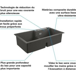 GROHE Evier de cuisine composite avec égouttoir K500, 860 x 500 mm, 2 bacs, siphon et bonde inclus, installation rapide, 31649A