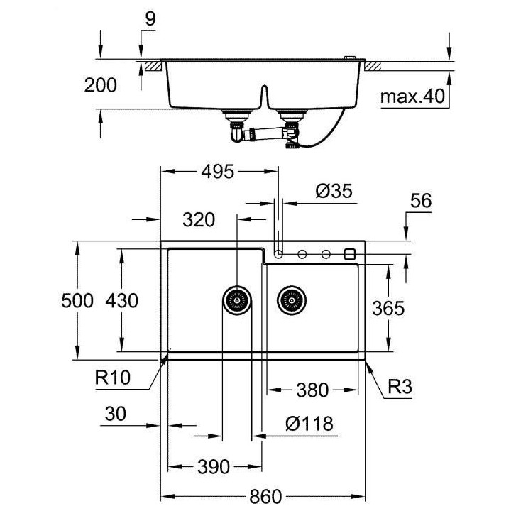 GROHE Evier de cuisine composite avec égouttoir K500, 860 x 500 mm, 2