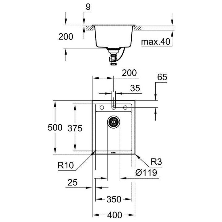Evier a encastrer en pierre - minéraux GROHE - K700 - 40 x 50 x 20 cm