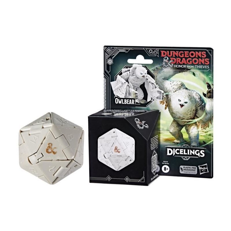 Figurine de collection ours-hibou blanc convertible en d20 géant, monstre-dé Dicelings D&D, Dungeons & Dragons L'Honneur des v