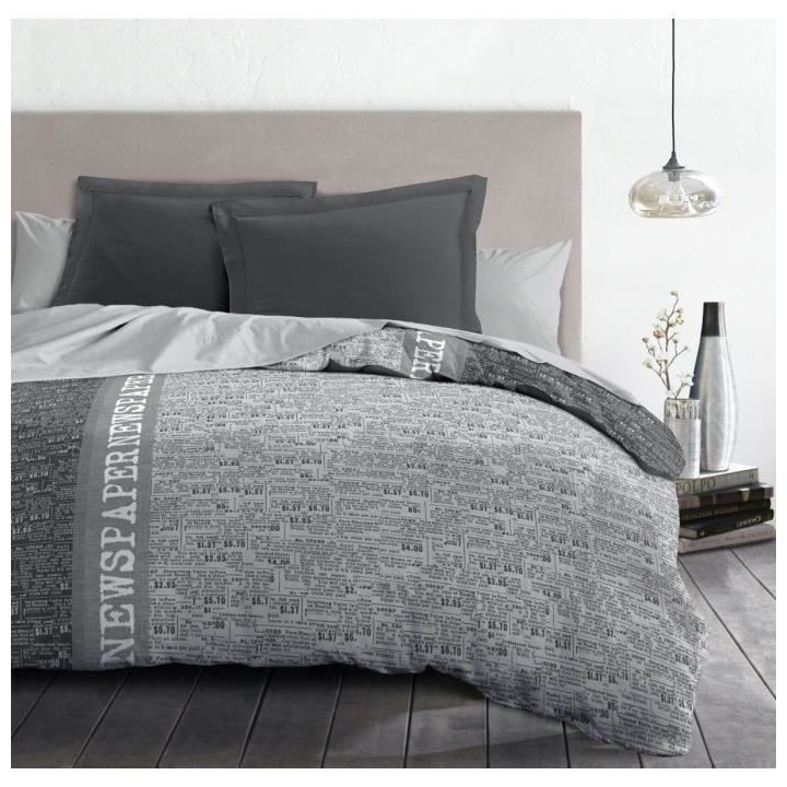 NEWSPAPER Parure de couette Microfibre - Gris - 220x240 cm