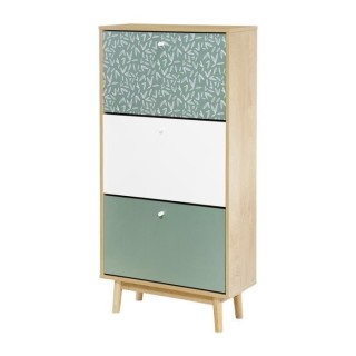 Étagere a chaussures 3 niveaux - Décor chene et vert - Pieds en bois