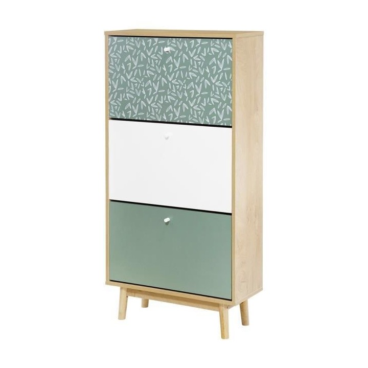 Étagere a chaussures 3 niveaux - Décor chene et vert - Pieds en bois