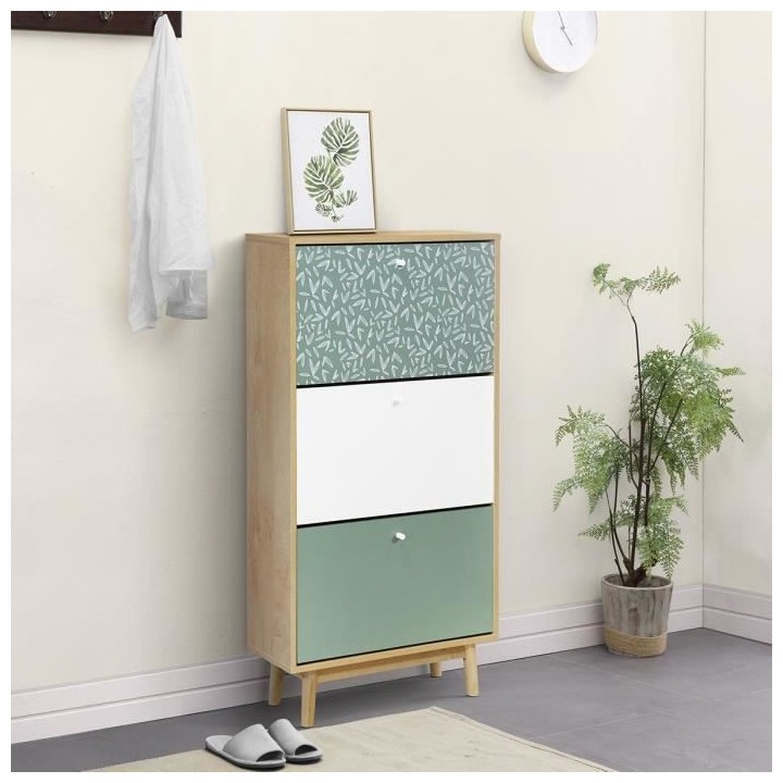 Étagere a chaussures 3 niveaux - Décor chene et vert - Pieds en bois