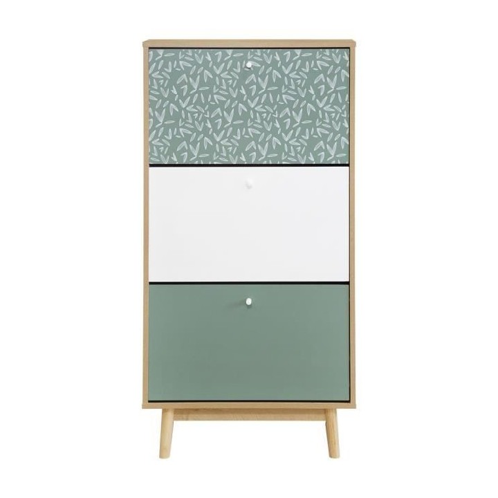 Étagere a chaussures 3 niveaux - Décor chene et vert - Pieds en bois