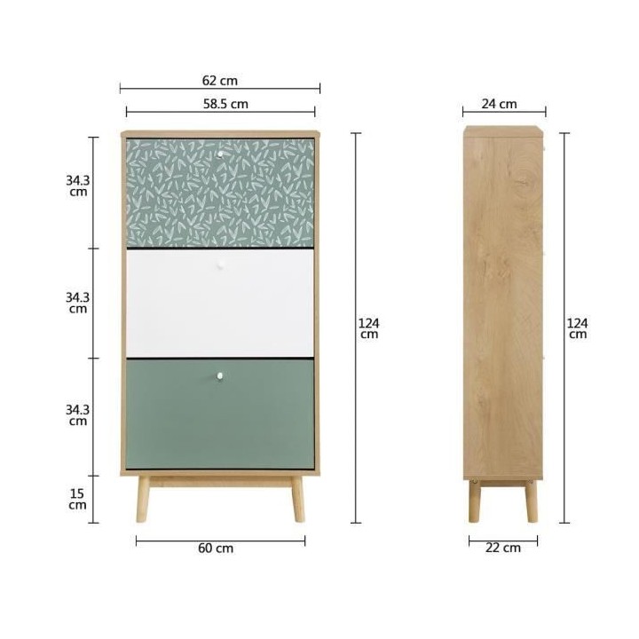 Étagere a chaussures 3 niveaux - Décor chene et vert - Pieds en bois