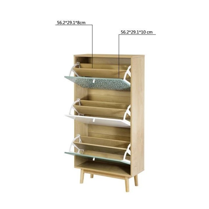 Étagere a chaussures 3 niveaux - Décor chene et vert - Pieds en bois