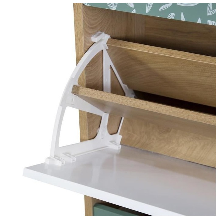 Étagere a chaussures 3 niveaux - Décor chene et vert - Pieds en bois