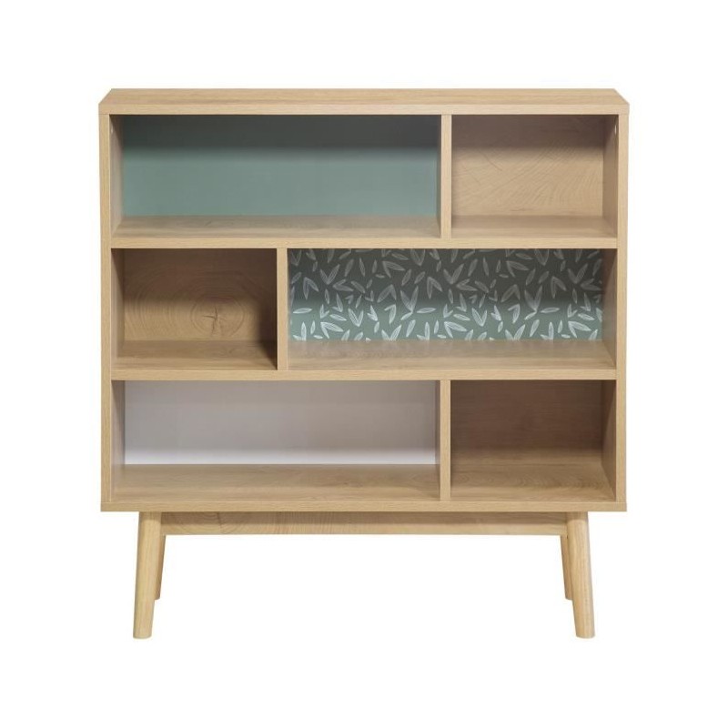 Bibliotheque Décor chene et vert - Pieds en bois massif - L 80 x P 25 x H 85 cm - GARDENIA