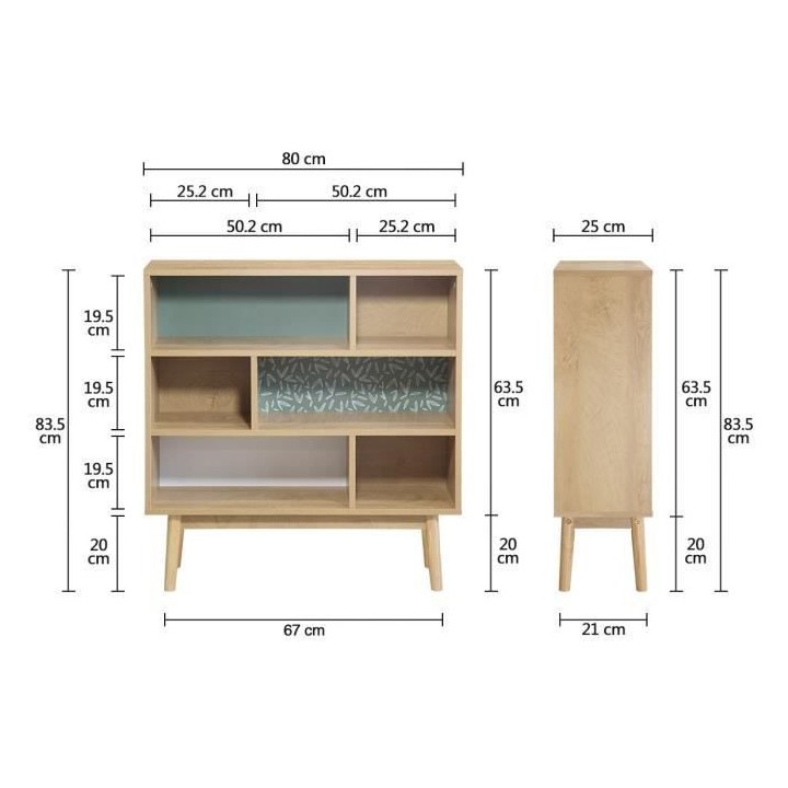 Bibliotheque Décor chene et vert - Pieds en bois massif - L 80 x P 25