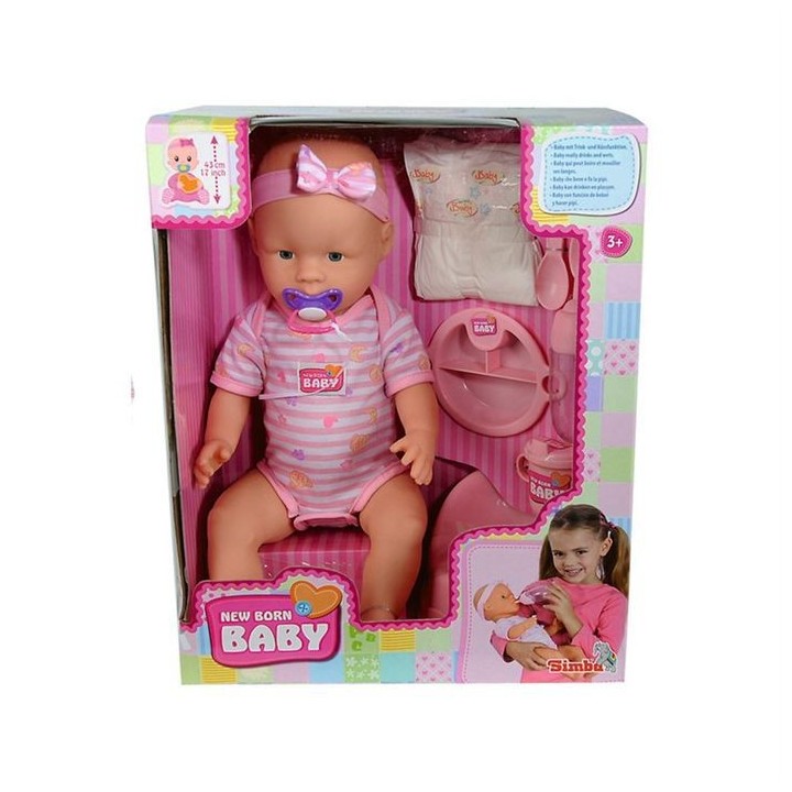 NEW BORN BABY Poupon Rose 43cm Boit Fait Pipi