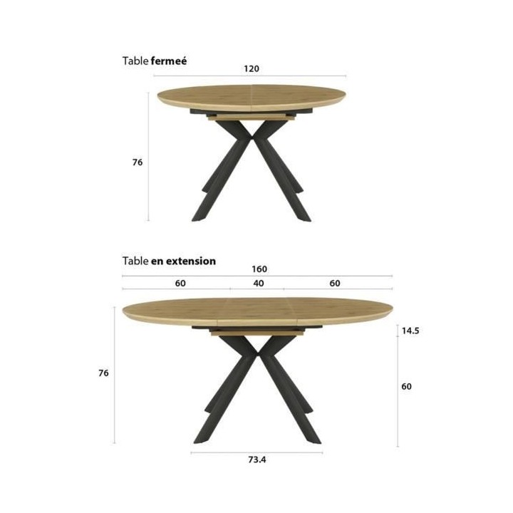 Table extensible CESAME - Ronde - Pieds métal - Décor chene - L 120/