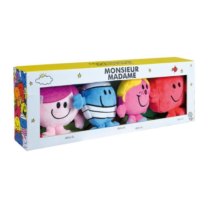 Jemini monsieur madame coffret 4 peluches +/- 12 cm : mme princesse, mme câlin, m.costaud et m.bobo