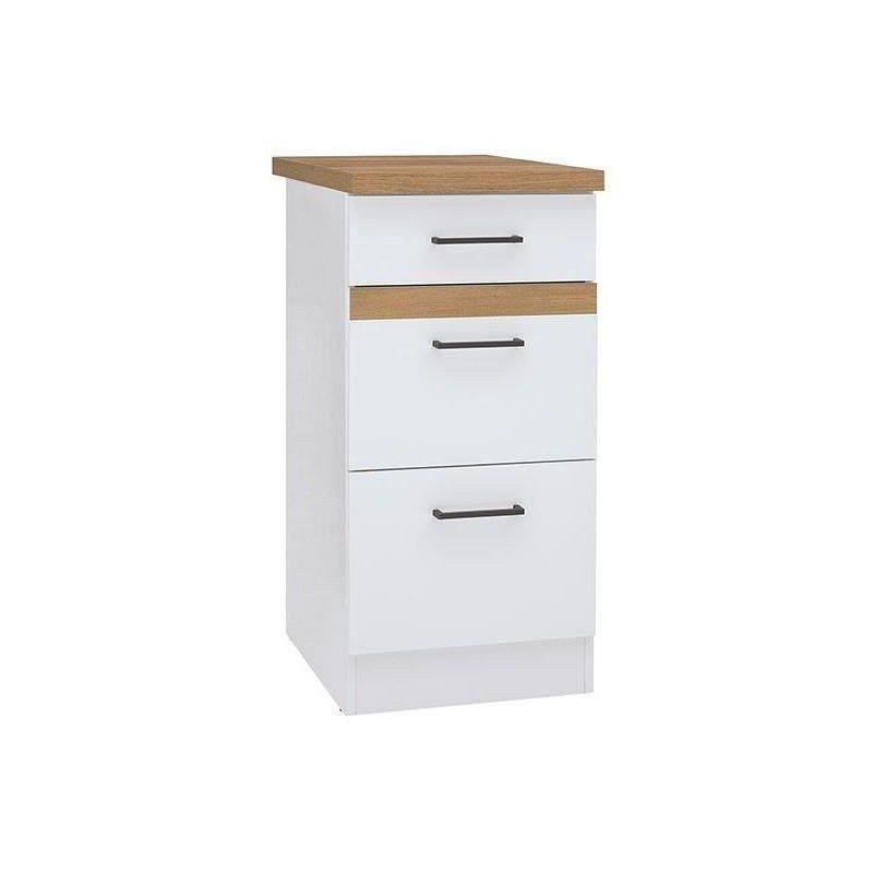 JUNONA Meuble bas de cuisine 40 cm - 3 tiroirs + plan de travail - Blanc brillant