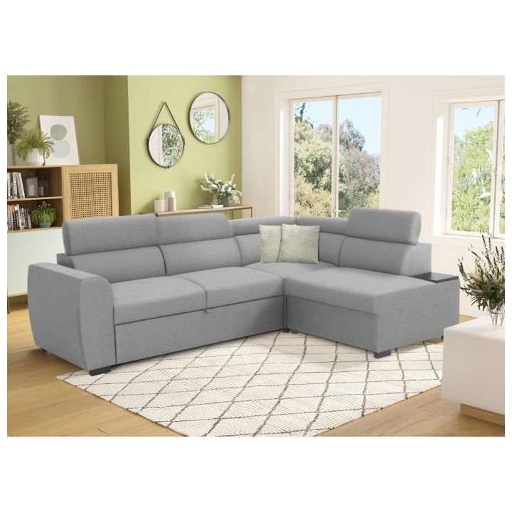 Canapé d'angle convertible 4 places KELIO - Tissu gris - L 245 x P 18