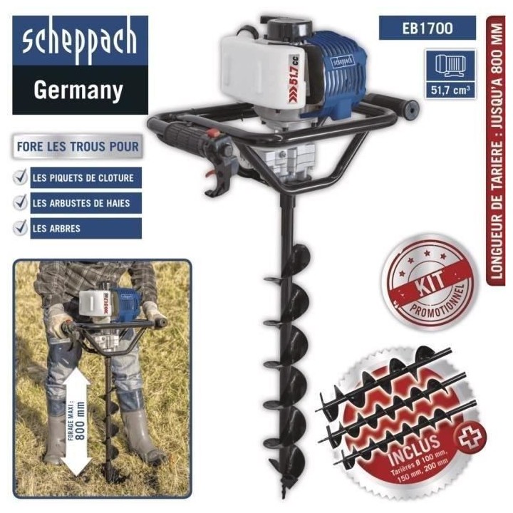 Scheppach Tariere thermique EB1700 avec meche de Ø 100 mm, 150 mm et