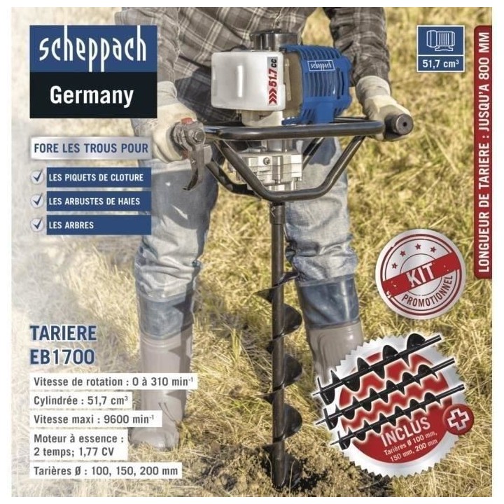 Scheppach Tariere thermique EB1700 avec meche de Ø 100 mm, 150 mm et