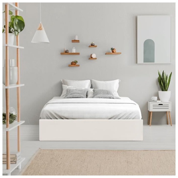 Lit coffre adulte 140 x 190 cm - Tissu Beige - ECLIPSE