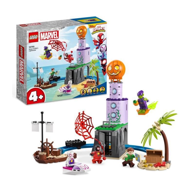 LEGO Marvel 10790 L'Équipe Spidey au Phare du Bouffon Vert, Jouet Enfants 4 Ans avec Bateau Pirate