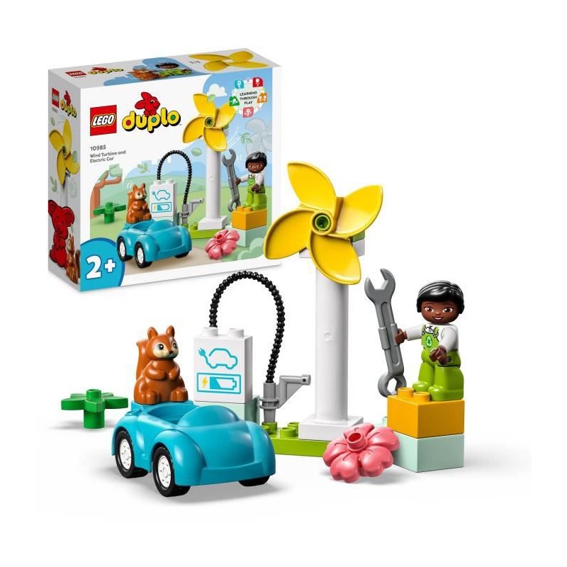 LEGO DUPLO Ma Ville 10985 L'Éolienne et la Voiture Électrique, Jouet Voiture pour Enfants Des 2 Ans