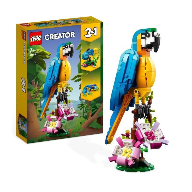 LEGO Creator 3-en-1 31136 Le Perroquet Exotique, Figurines Animaux de la Jungle, avec Grenouille et Poisson