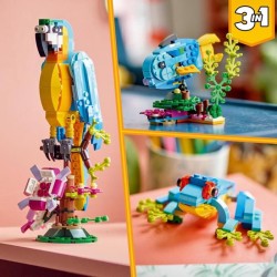 LEGO Creator 3-en-1 31136 Le Perroquet Exotique, Figurines Animaux de la Jungle, avec Grenouille et Poisson