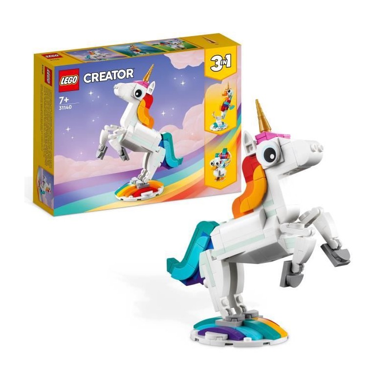 LEGO Creator 3-en-1 31140 La Licorne Magique, Jouet Hippocampe et Paon, Figurines d'Animaux