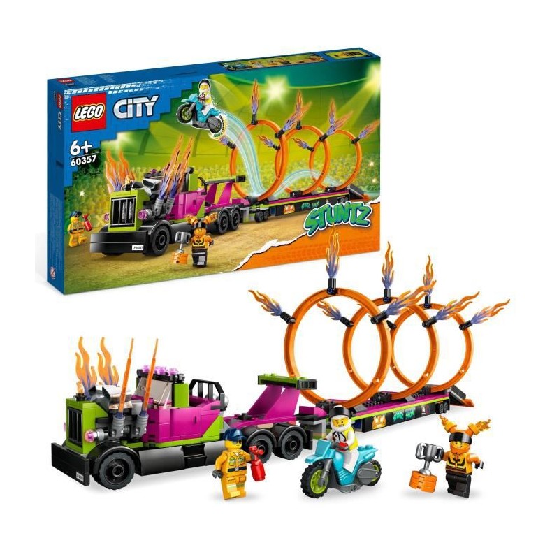 LEGO City Stuntz 60357 Le Défi de Cascade : les Cercles de Feu, Jouet Moto avec Camion