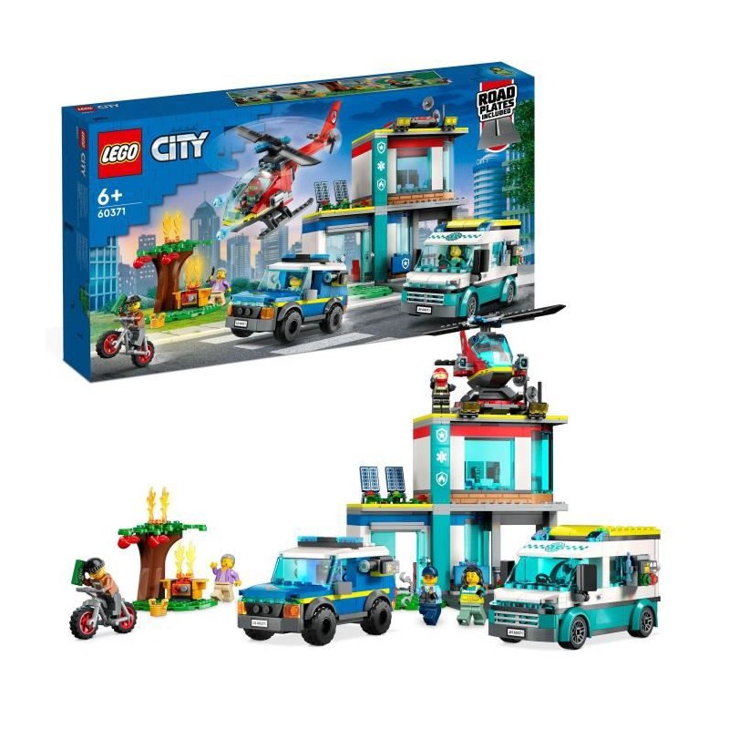 LEGO City 60371 Le QG des Véhicules d'Urgence, Hélicoptere Jouet, Moto et Voiture de Police