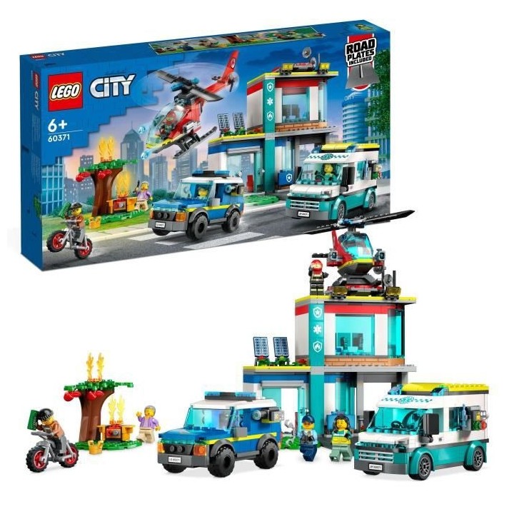 LEGO City 60371 Le QG des Véhicules d'Urgence, Hélicoptere Jouet, Mo