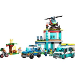 LEGO City 60371 Le QG des Véhicules d'Urgence, Hélicoptere Jouet, Moto et Voiture de Police