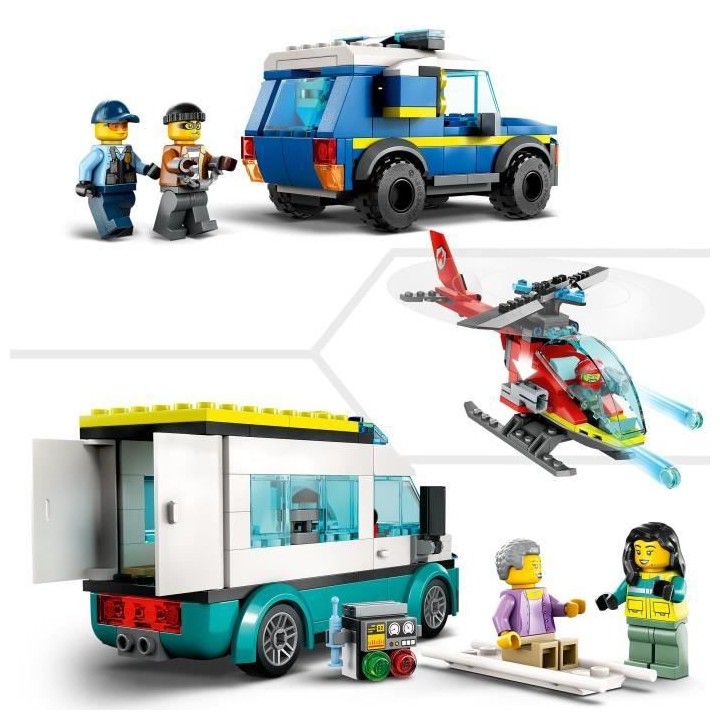LEGO City 60371 Le QG des Véhicules d'Urgence, Hélicoptere Jouet, Mo