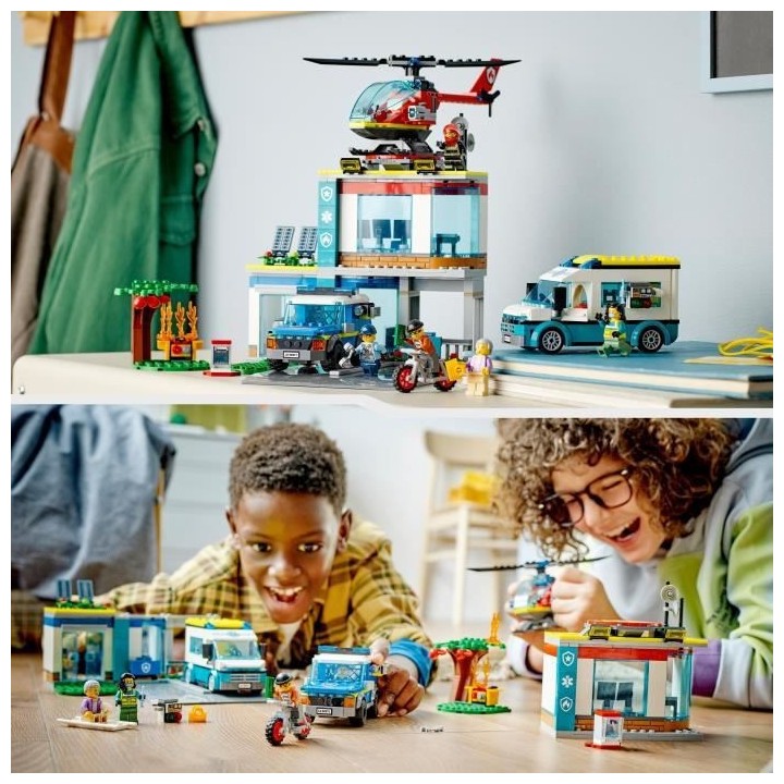 LEGO City 60371 Le QG des Véhicules d'Urgence, Hélicoptere Jouet, Mo