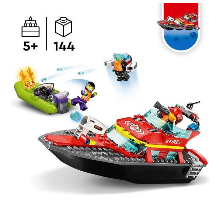 LEGO City 60373 Le Bateau de Sauvetage des Pompiers, Jouet Flottant, J