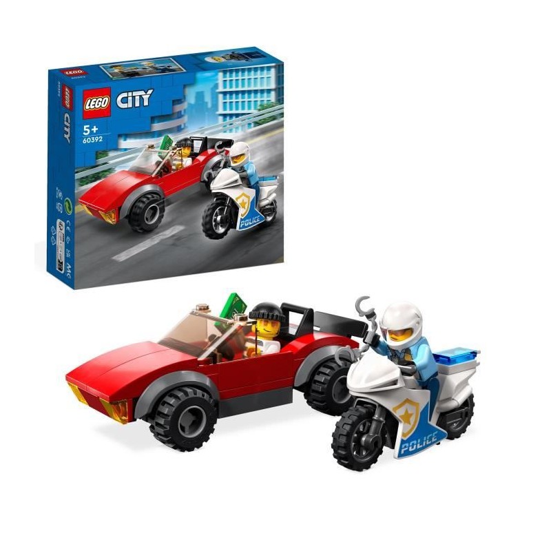 LEGO City 60392 La Course-Poursuite de la Moto de Police, Jouet Voiture de Course et 2 Policiers