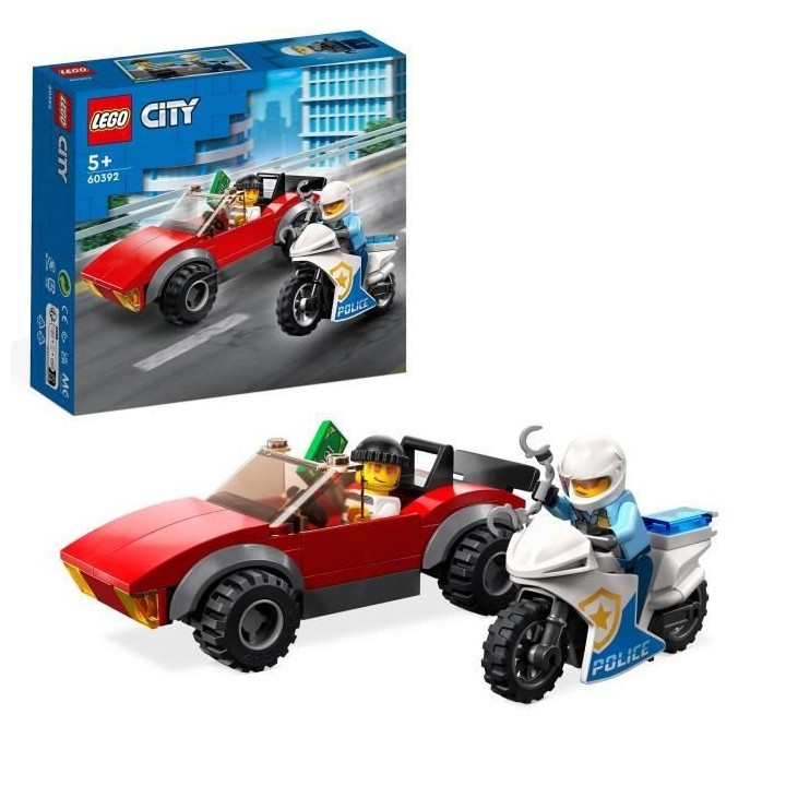 LEGO City 60392 La Course-Poursuite de la Moto de Police, Jouet Voitur